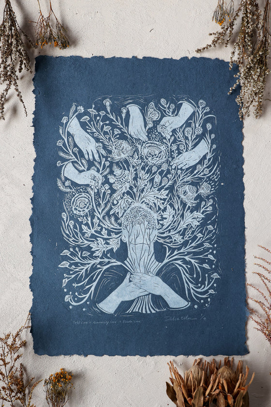 Self care is Community Care is Earth Care -  Handmade linen paper print