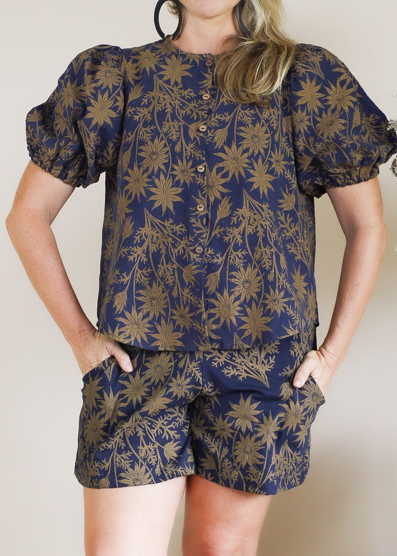 Linen Puff Top - Gold Flannel Flower Print